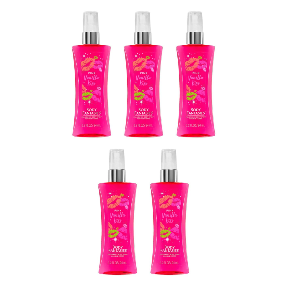 Body Fantasies Pink Vanilla Kiss Body Spray 94ml 5 Pack Bundle