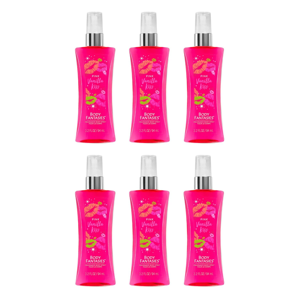 Body Fantasies Pink Vanilla Kiss Body Spray 94ml 6 Pack Bundle