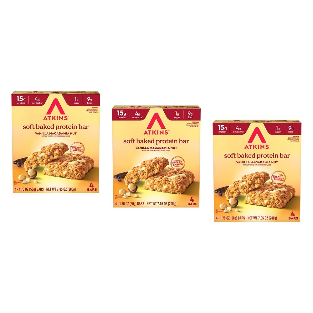 Atkins Soft Baked Bar Vanilla Macadamia 4 Pack Bundle of 3