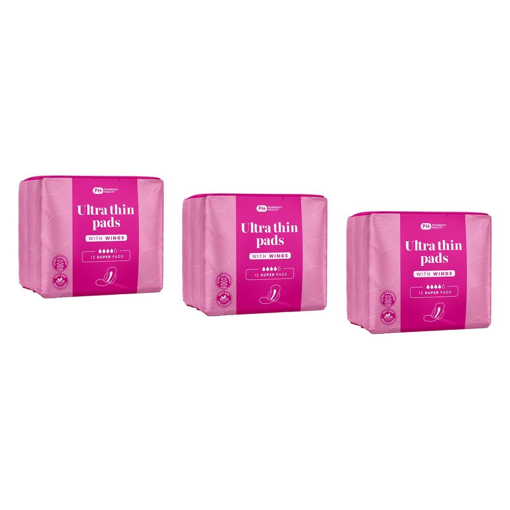 Pharmacy Health Ultra Thin Pads Wings Super 12 Pack x 12 Bundle of 3