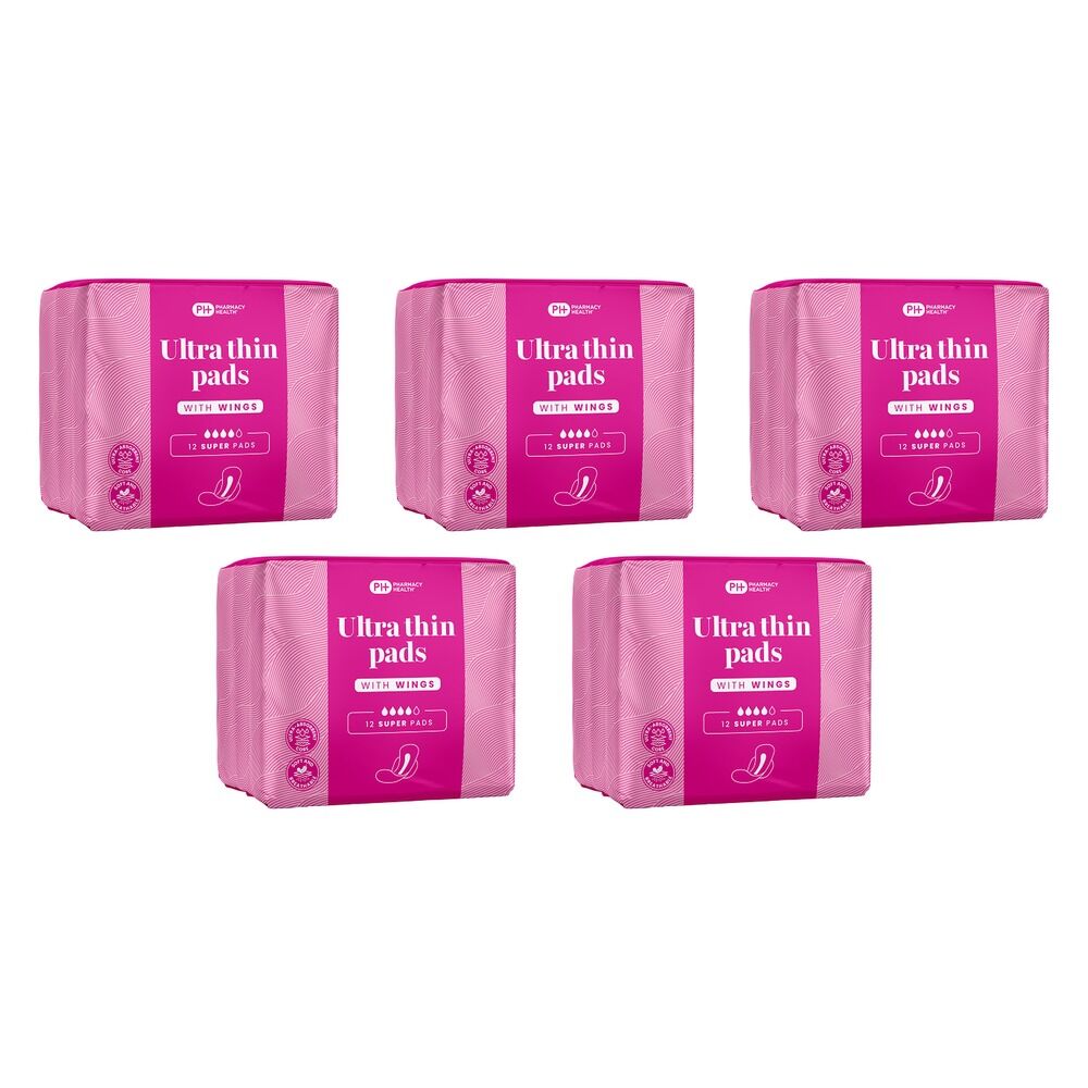 Pharmacy Health Ultra Thin Pads Wings Super 12 Pack x 12 Bundle of 5
