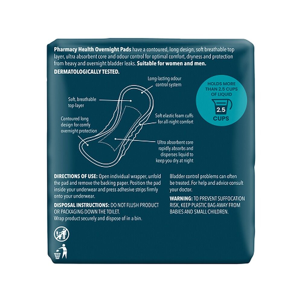 Pharmacy Health Overnight Incontinence Pads 8 Pack x 6