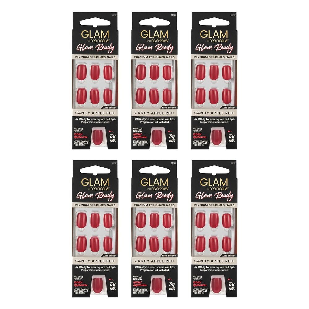 Glam by Manicare Glam Ready Pre-Glued Nails Candy Apple Red 30 Bundle of 6