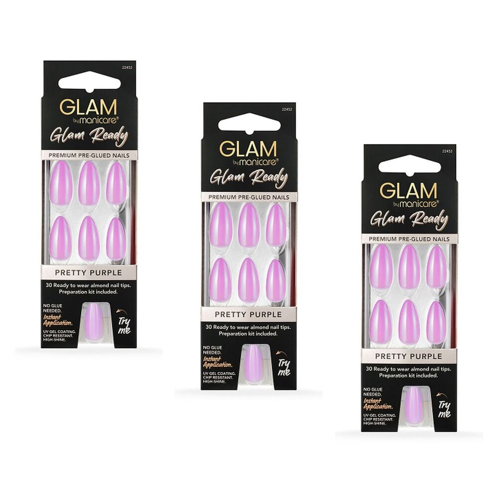 Glam by Manicare Glam Ready Pre-Glued Nails Pretty Purple 30 Pack x Bundle of 3