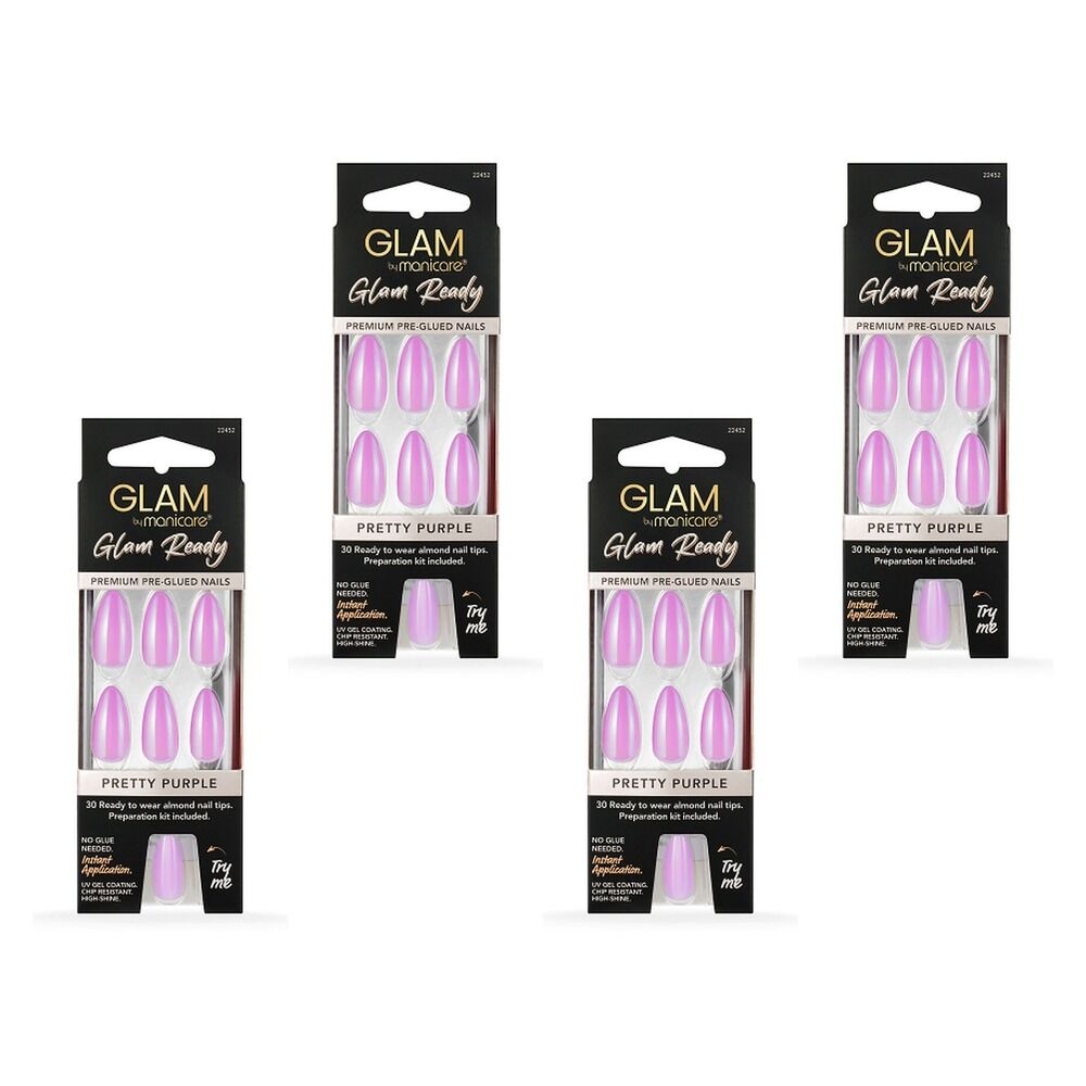 Glam by Manicare Glam Ready Pre-Glued Nails Pretty Purple 30 Pack x Bundle of 4