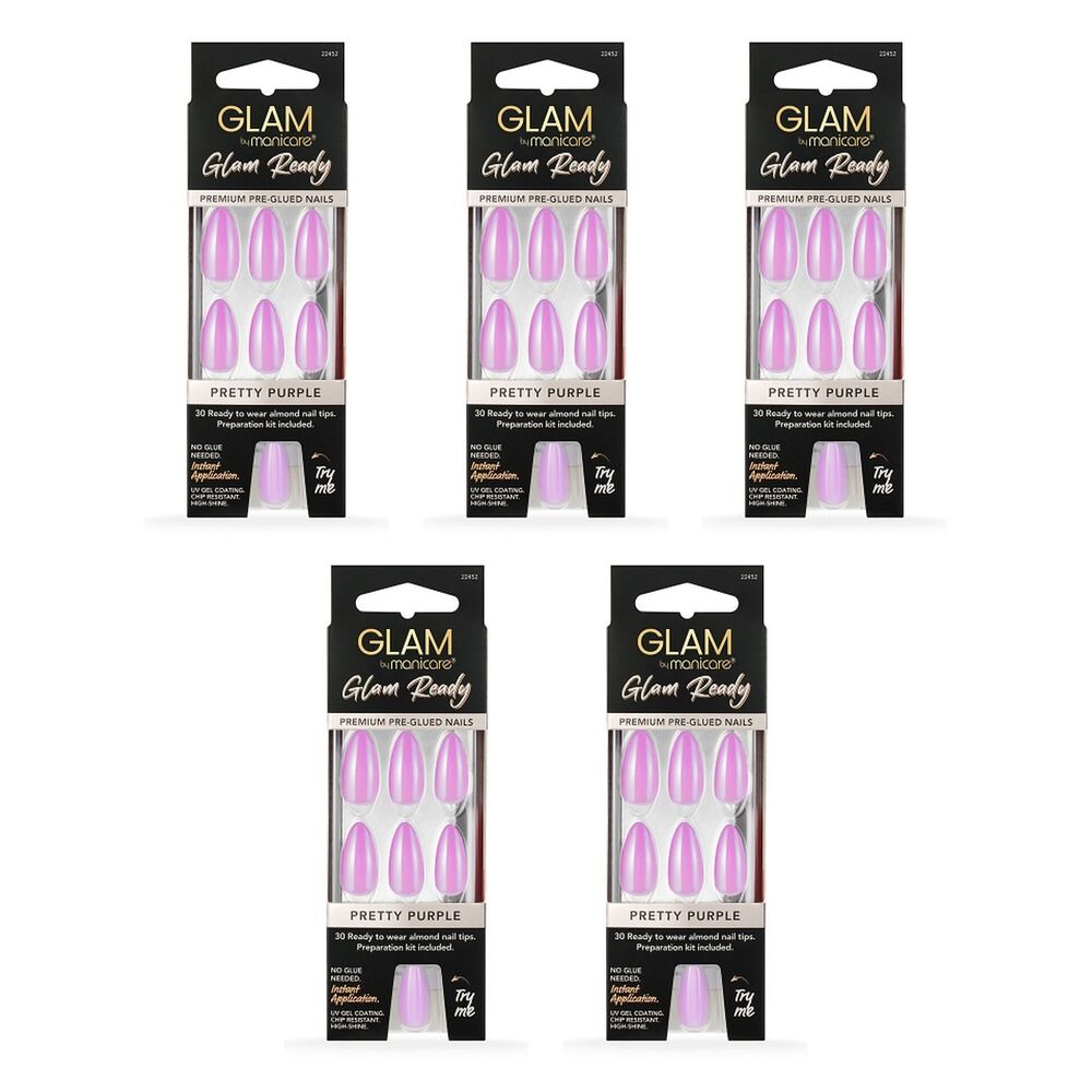 Glam by Manicare Glam Ready Pre-Glued Nails Pretty Purple 30 Pack x Bundle of 5