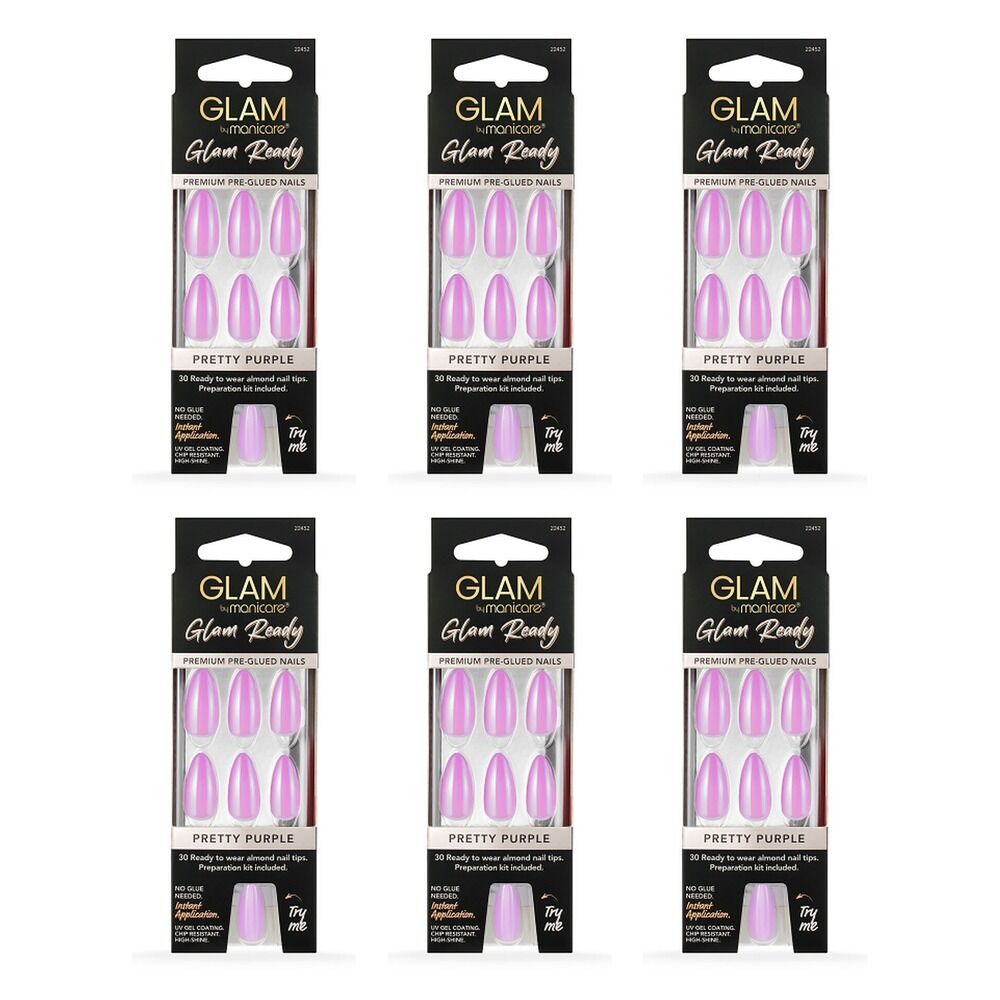 Glam by Manicare Glam Ready Pre-Glued Nails Pretty Purple 30 Pack x Bundle of 6