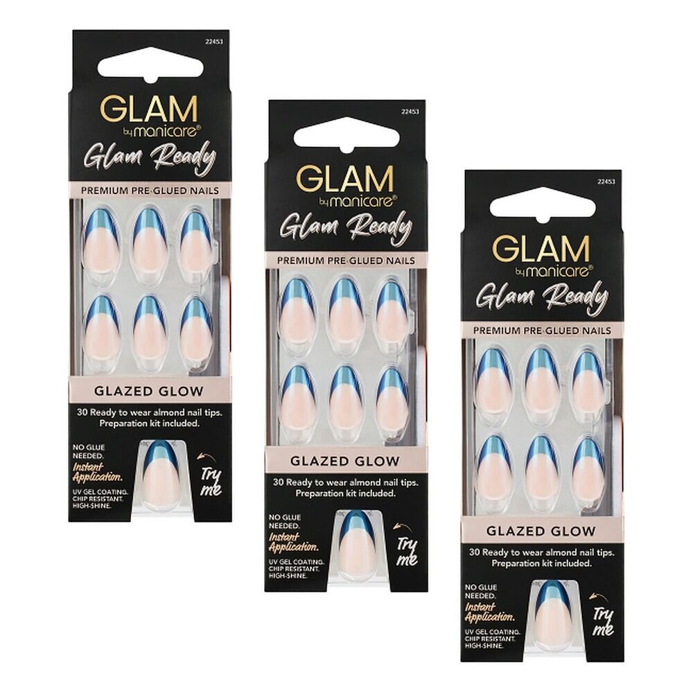 Glam by Manicare Glam Ready Pre-Glued Nails Glazed Glow 30 Pack x 6 Bundle of 3
