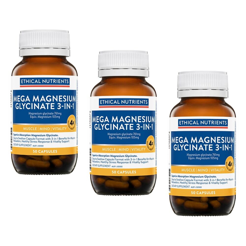Ethical Nutrients Mega Magnesium Glycinate 3-in-1 50 Capsules Pack of 3