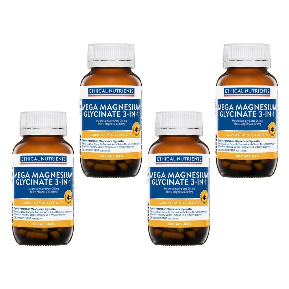 Ethical Nutrients Mega Magnesium Glycinate 3-in-1 50 Capsules Pack of 4