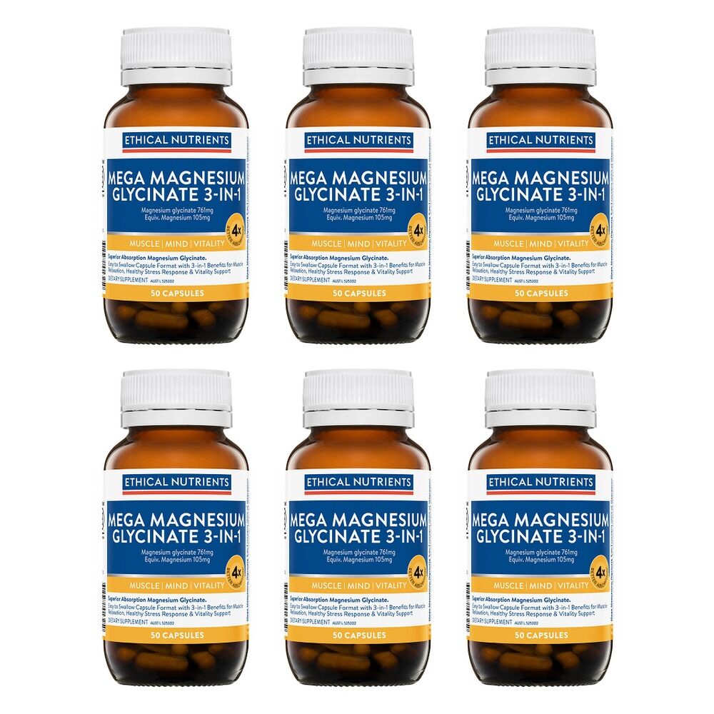 Ethical Nutrients Mega Magnesium Glycinate 3-in-1 50 Capsules Pack of 6