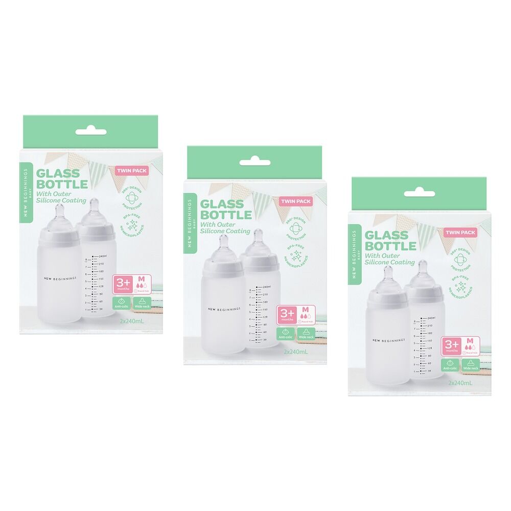 New Beginnings Glass Bottle with Outer Silicone 240mL Twin Pack Bundle of 3