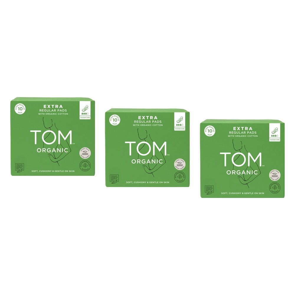 TOM Organic Regular Extra Thick Pads 10 Pack x 4 Bundle of 3