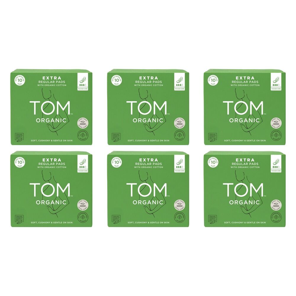 TOM Organic Regular Extra Thick Pads 10 Pack x 4 Bundle of 6