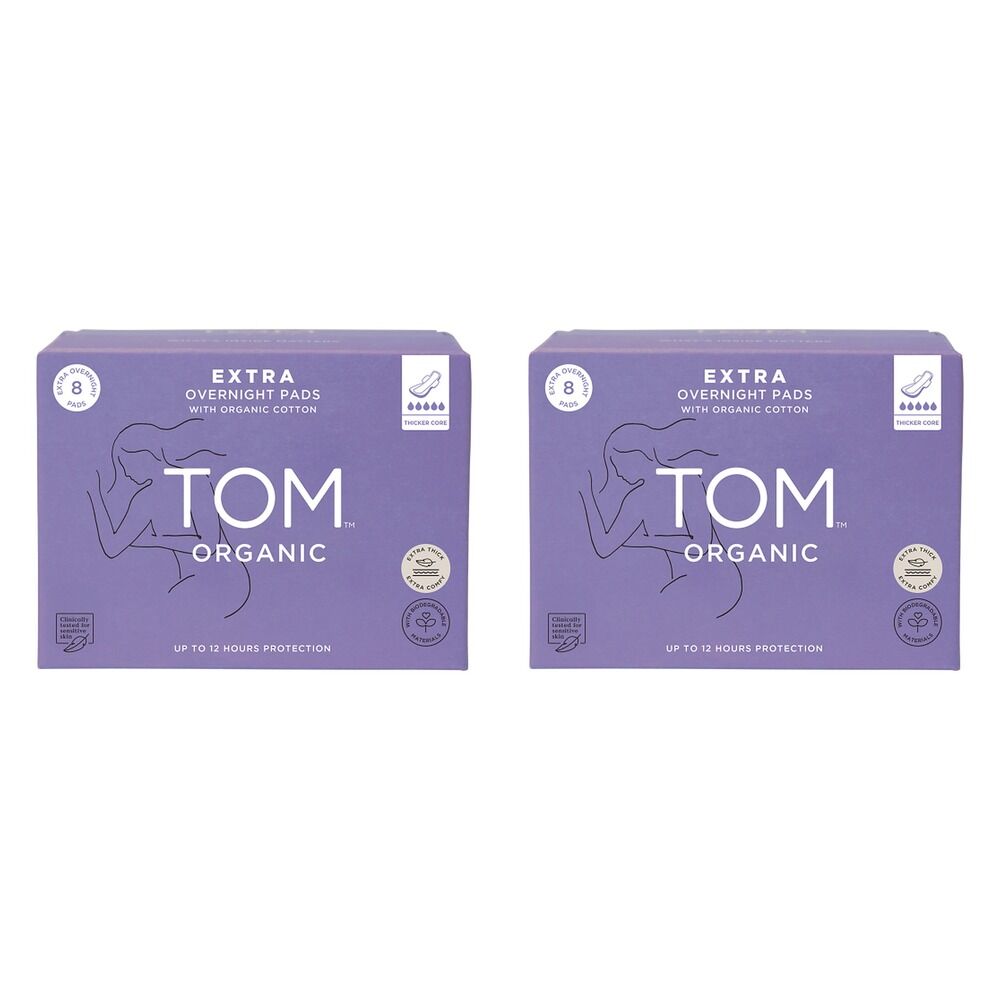 TOM Organic Extra Thick Overnight Pads 8 Pack x 4 Bundle of 2