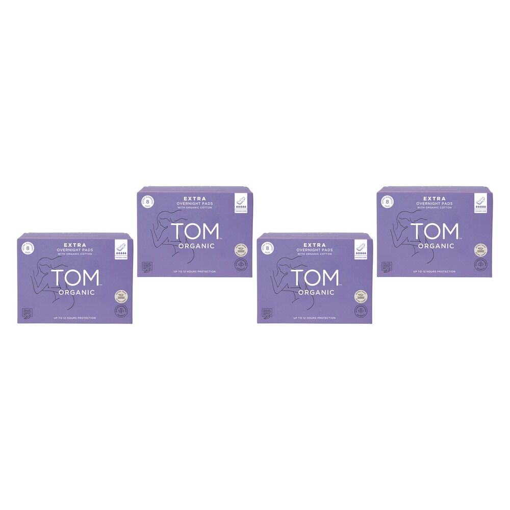 TOM Organic Extra Thick Overnight Pads 8 Pack x 4 Bundle of 4