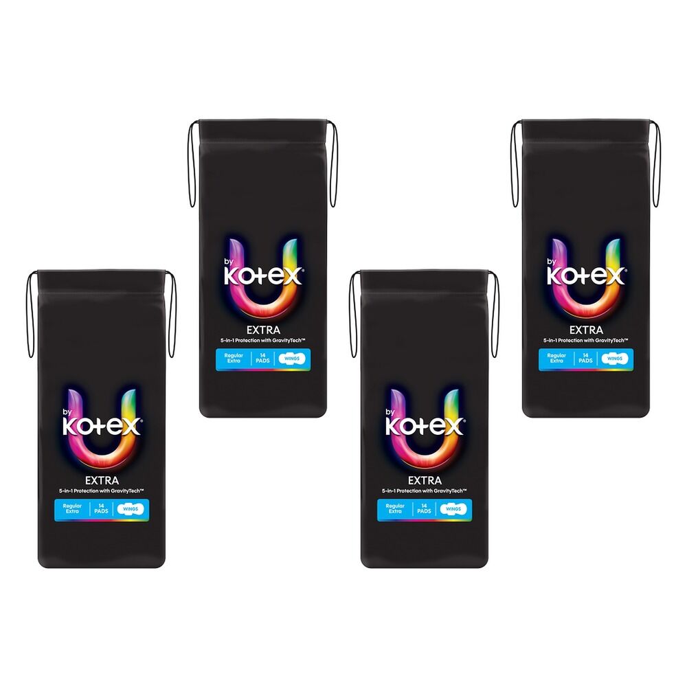 U By Kotex Extra Regular Pads with Wings 14 Pack x 6 Bundle of 4