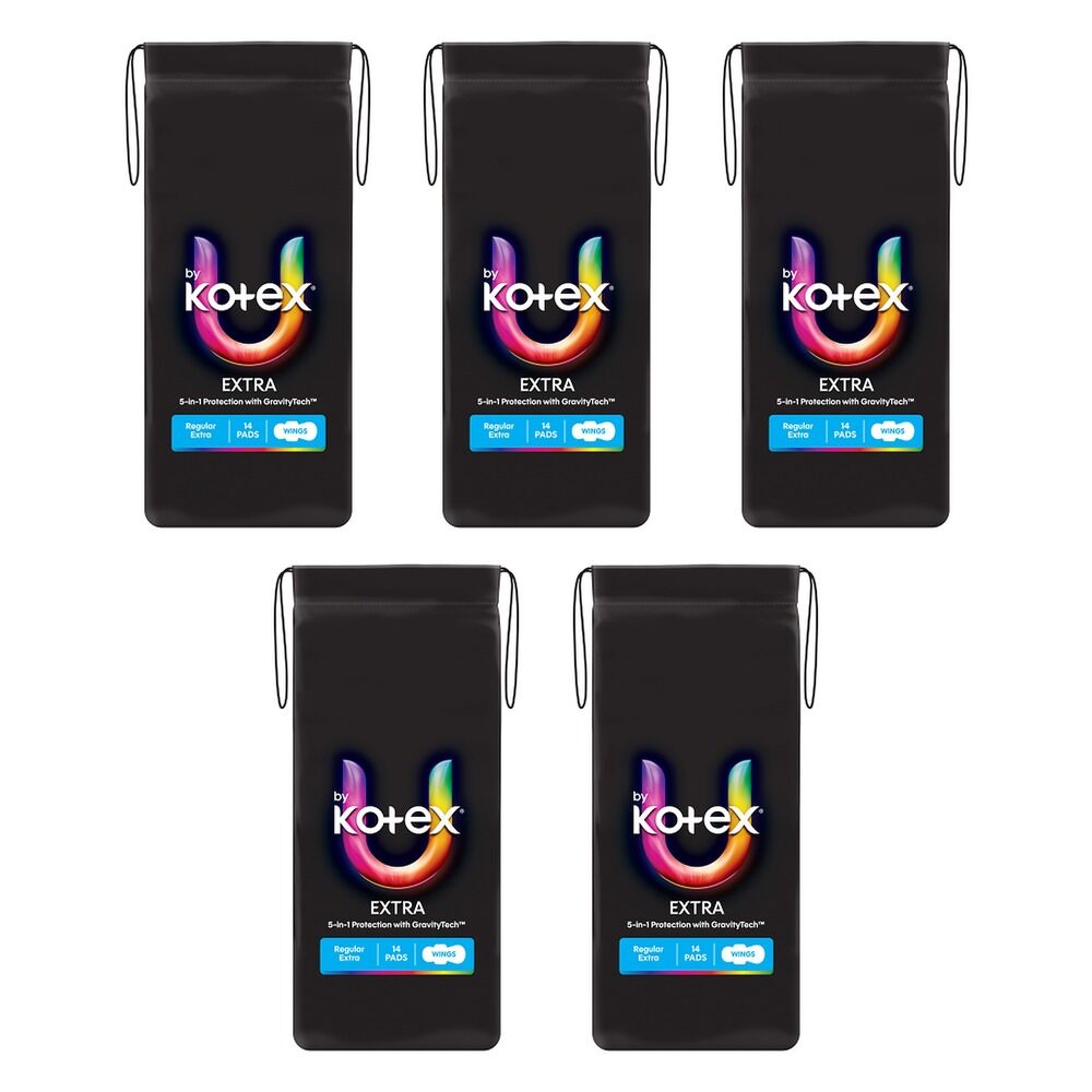 U By Kotex Extra Regular Pads with Wings 14 Pack x 6 Bundle of 5