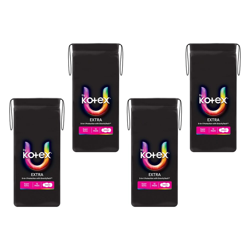 U By Kotex Extra Super Pads with Wings 12 Pack x 6 Bundle of 4