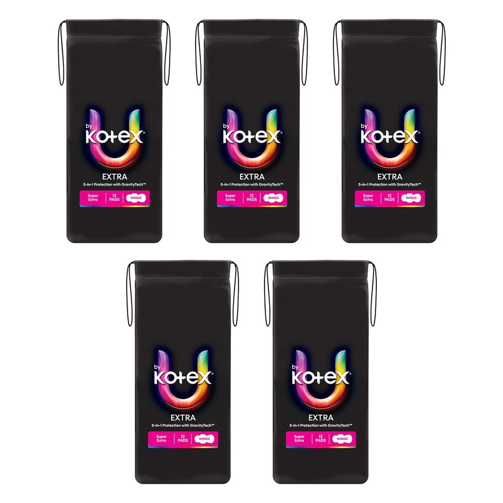 U By Kotex Extra Super Pads with Wings 12 Pack x 6 Bundle of 5