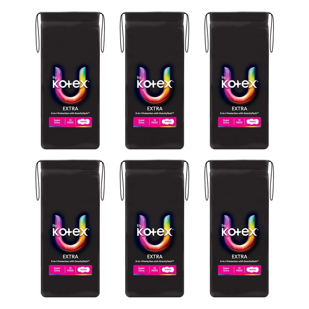 U By Kotex Extra Super Pads with Wings 12 Pack x 6 Bundle of 6
