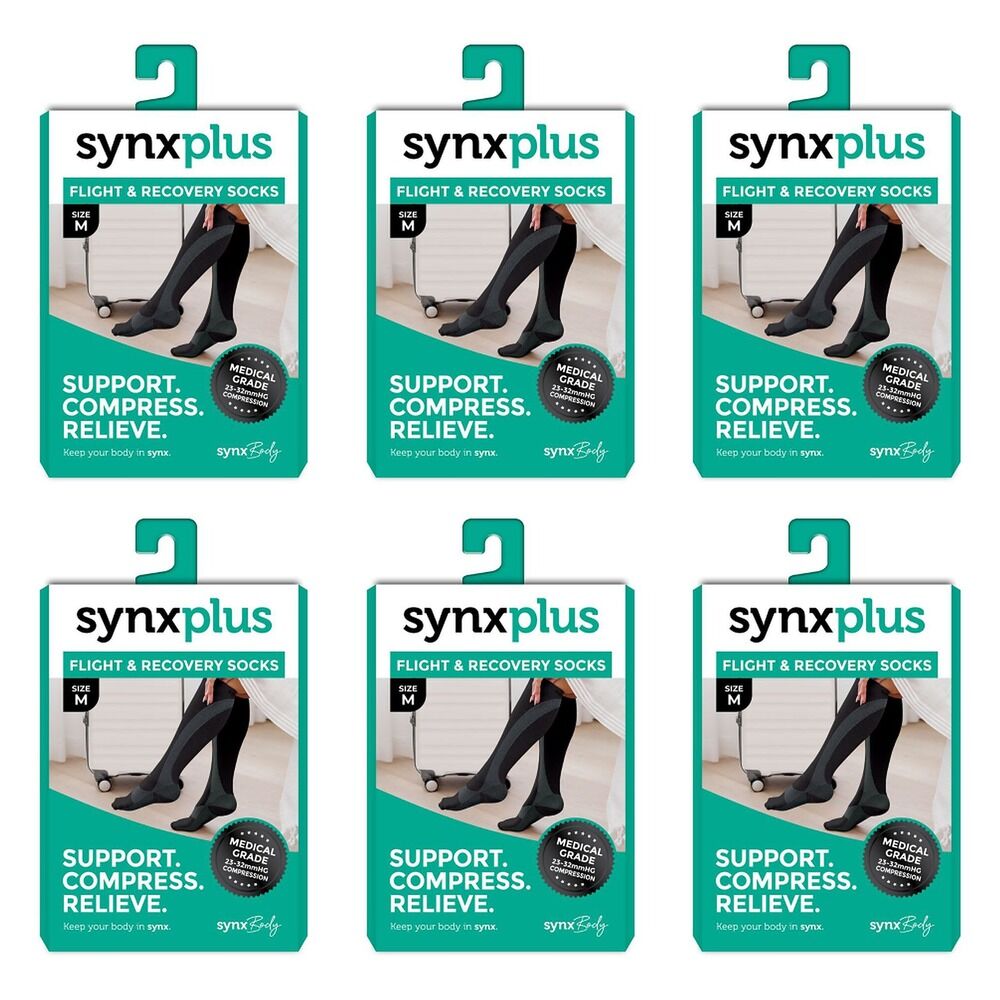 Synx Plus Flight & Recovery Socks Black Medium Pack of 6