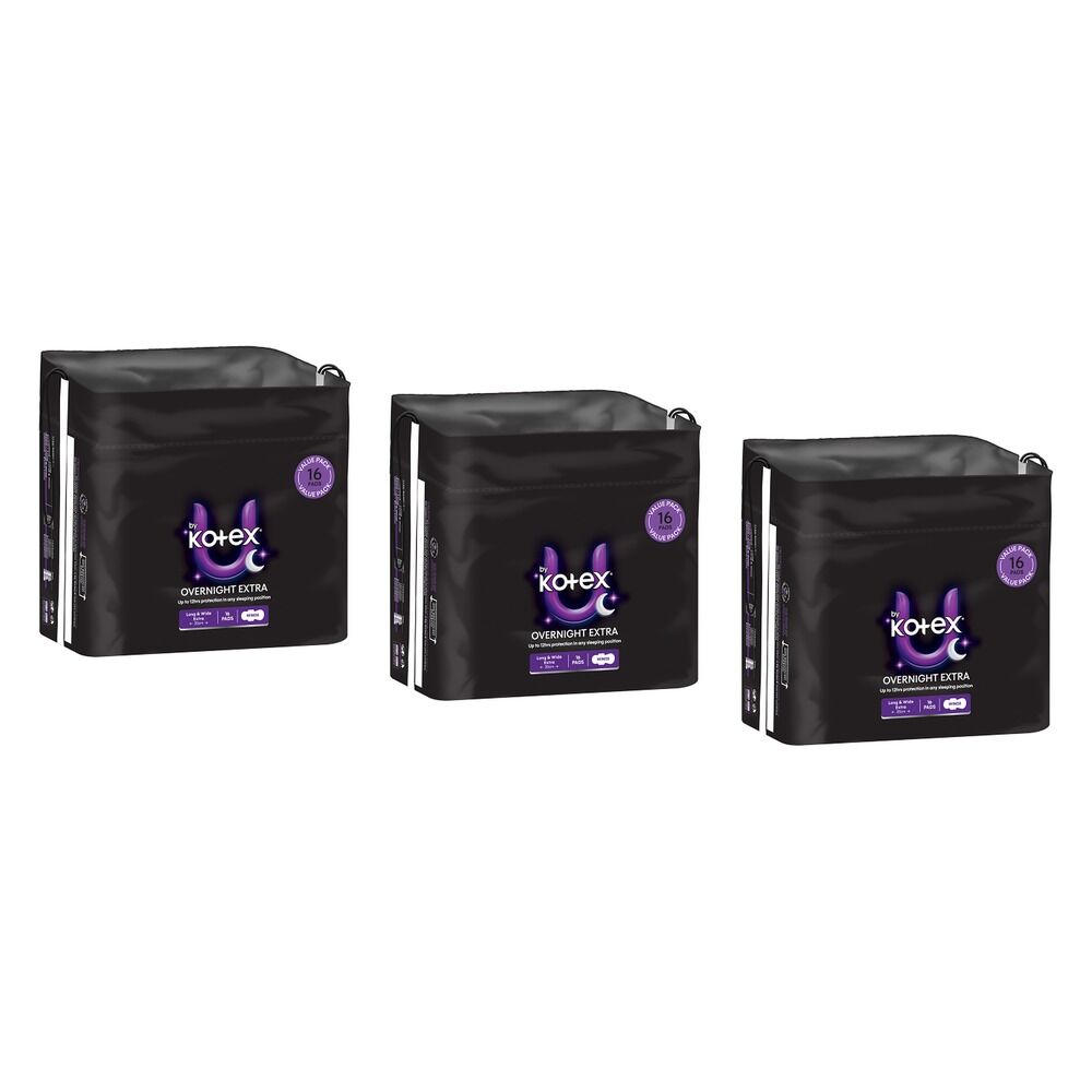 U By Kotex Extra Overnight Pads Long with Wings 16 Pack x 2 Bundle of 3