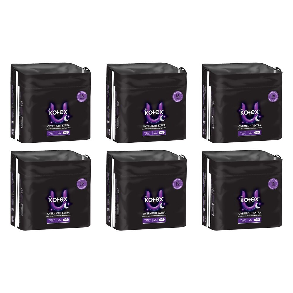 U By Kotex Extra Overnight Pads Long with Wings 16 Pack x 2 Bundle of 6