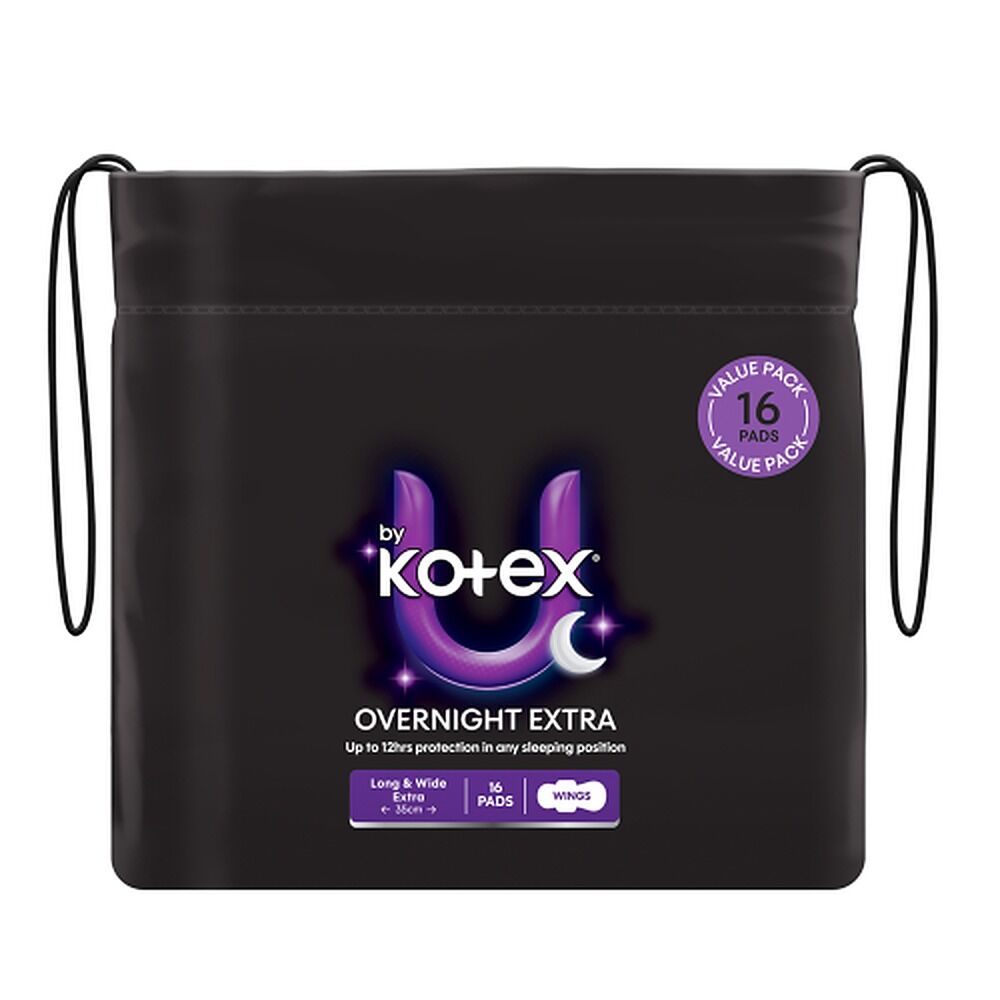 U By Kotex Extra Overnight Pads Long with Wings 16 Pack x 2