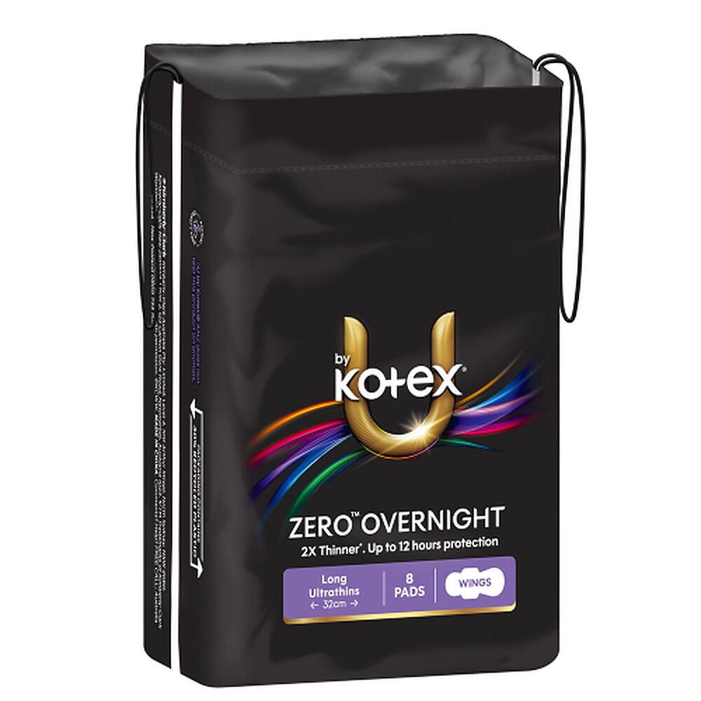 U By Kotex Zero Overnight Long Ultrathins with Wings 8 Pads x 6