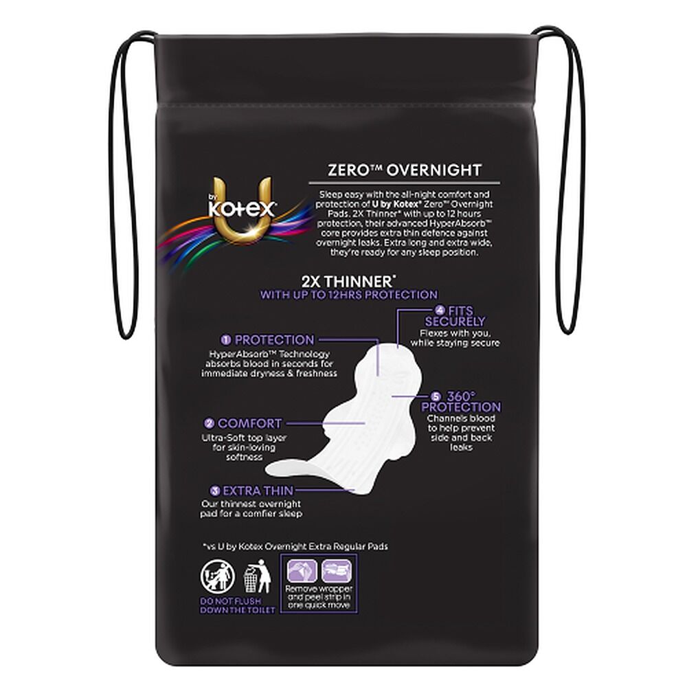 U By Kotex Zero Overnight Long Ultrathins with Wings 8 Pads x 6