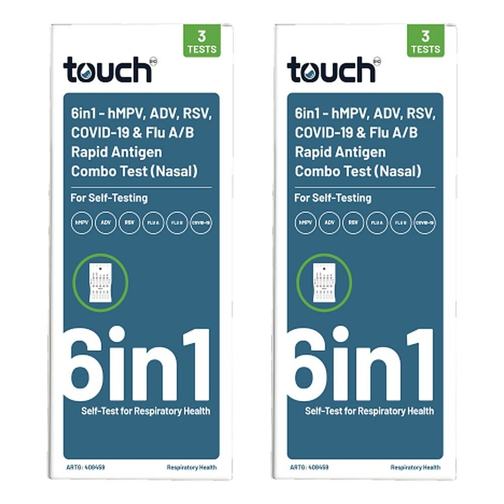 TouchBio 6-in-1 Rapid Antigen Test for HMPV, RSV, COVID-19 and Flu, 3 Pack of 2