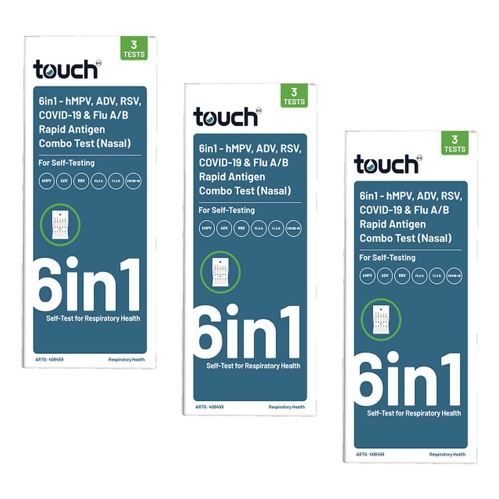 TouchBio 6-in-1 Rapid Antigen Test for HMPV, RSV, COVID-19 and Flu, 3 Pack of 3