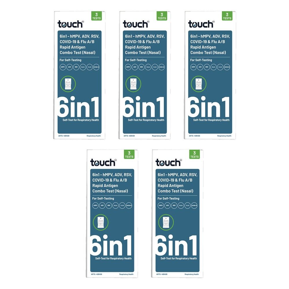 TouchBio 6-in-1 Rapid Antigen Test for HMPV, RSV, COVID-19 and Flu, 3 Pack of 5