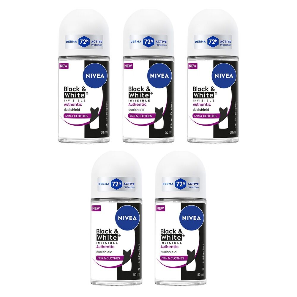 NIVEA Deo Roll-On Black & White Invisible Authentic 50mL Pack of 5