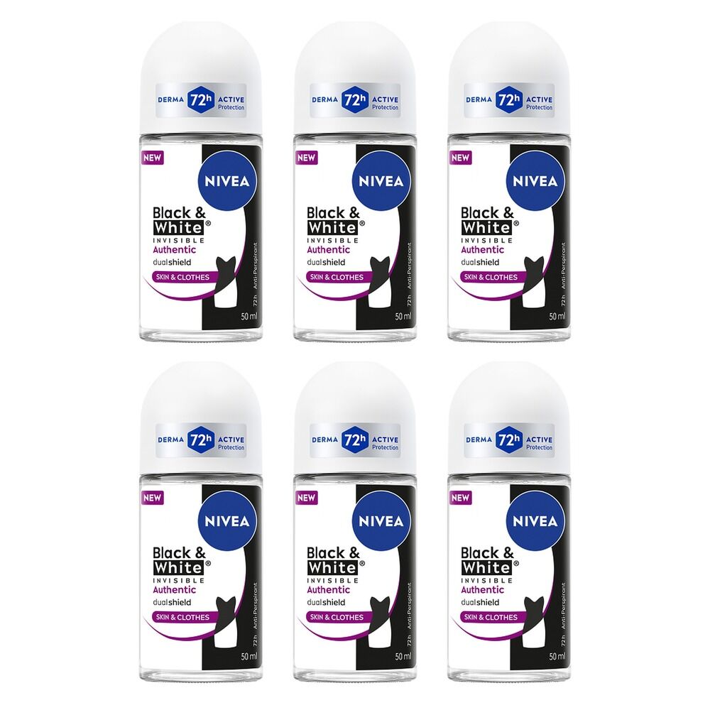 NIVEA Deo Roll-On Black & White Invisible Authentic 50mL Pack of 6