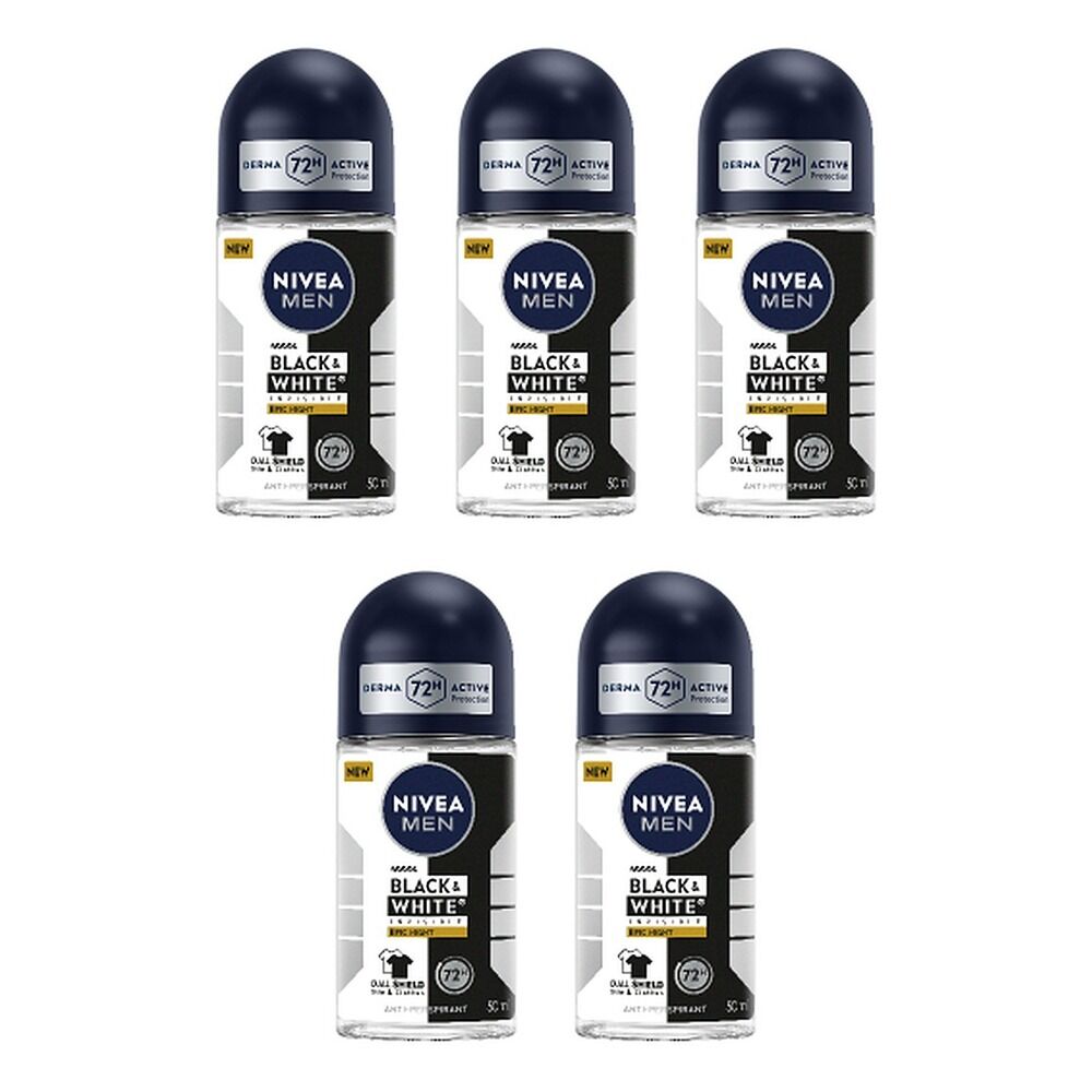 Nivea Men Black & White Invisible Epic Night Roll-On 50mL Pack of 5