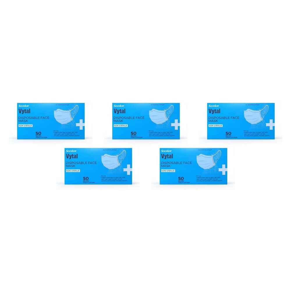 Soodox Vytal Face Masks, Blue, Pack of 50 Bundle of 5