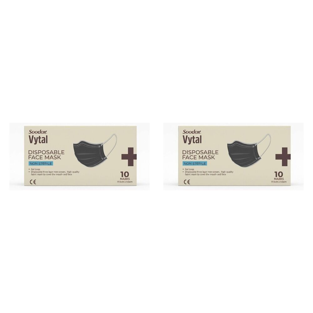 Soodox Vytal Face Masks, Black, Pack of 10 Bundle of 2