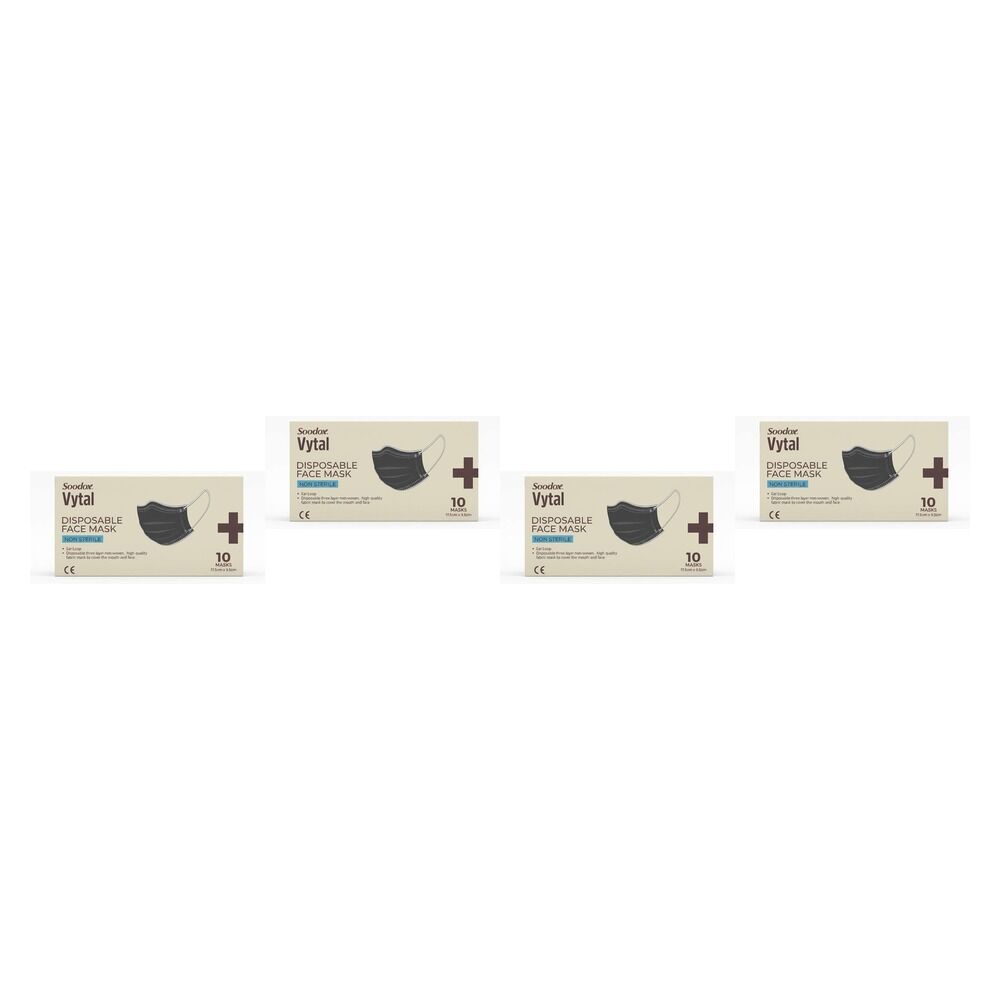 Soodox Vytal Face Masks, Black, Pack of 10 Bundle of 4