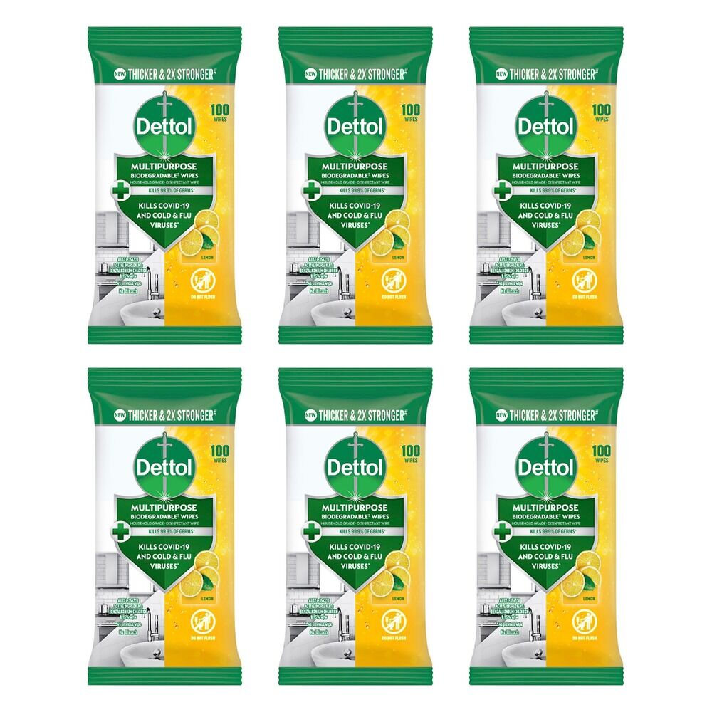 Dettol Multipurpose Biodegradable Wipes Lemon 100 Pack Bundle of 6