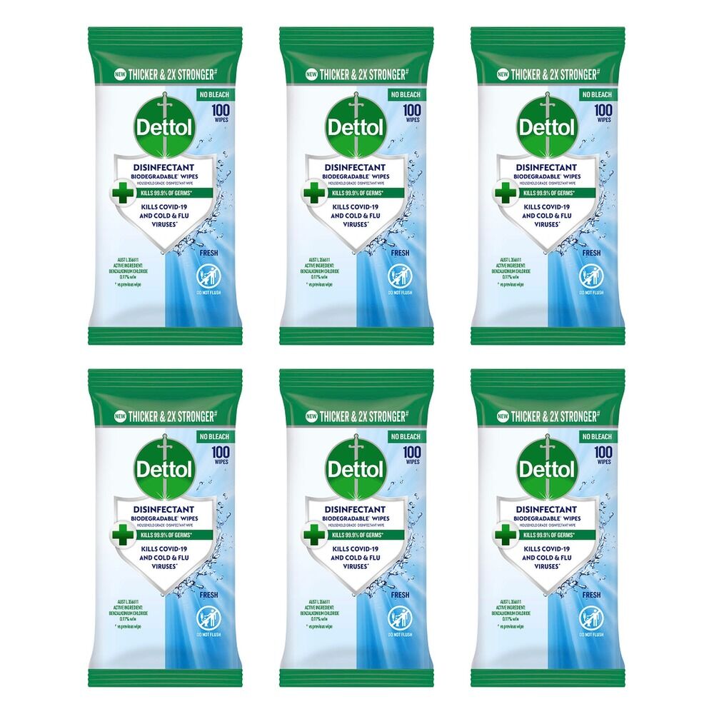 Dettol Disinfectant Biodegradable Wipes Fresh 100 Pack Bundle of 6