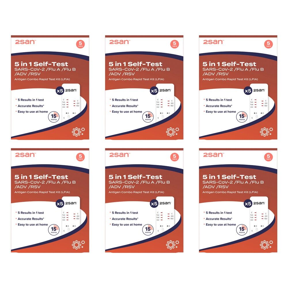 2San 5-in-1 COVID-19, Flu, RSV and Adenovirus Rapid Test 5 Pack Bundle of 6