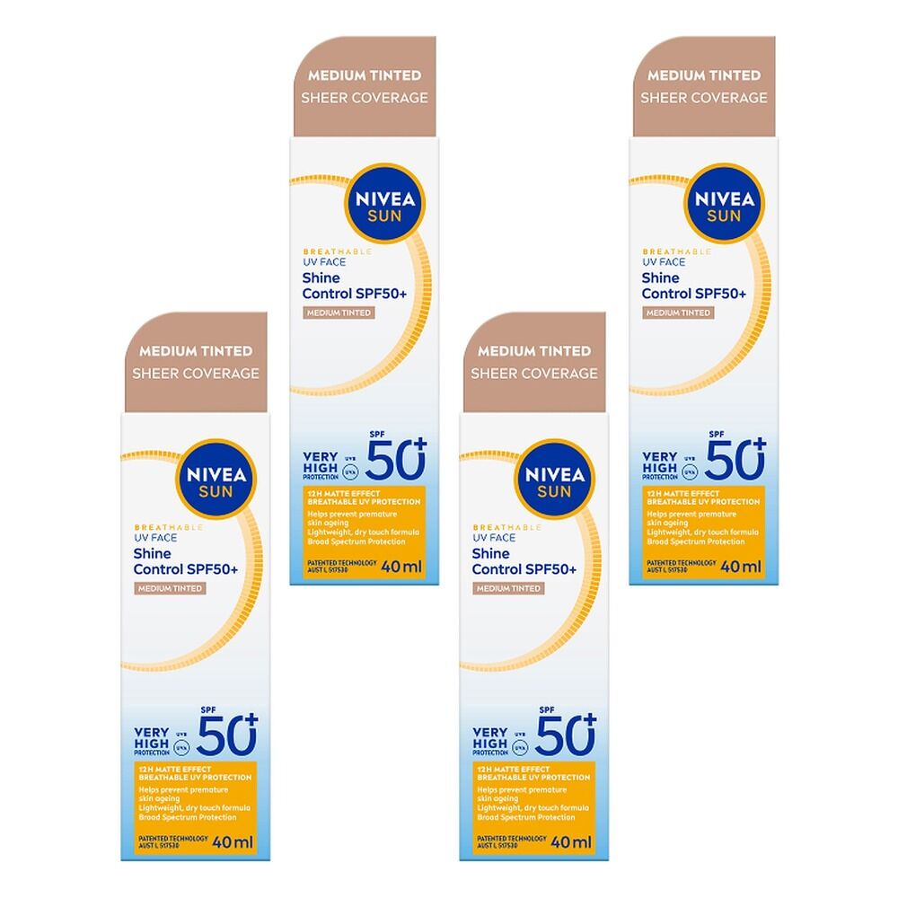 NIVEA SUN UV Face Shine Control Medium Tinted Sunscreen SPF50+ 40mL Pack of 4
