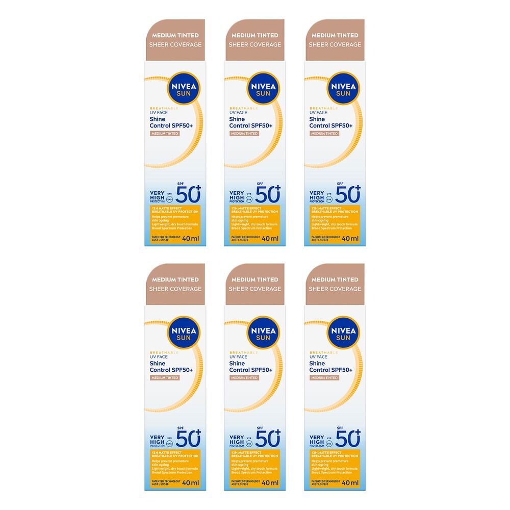 NIVEA SUN UV Face Shine Control Medium Tinted Sunscreen SPF50+ 40mL Pack of 6