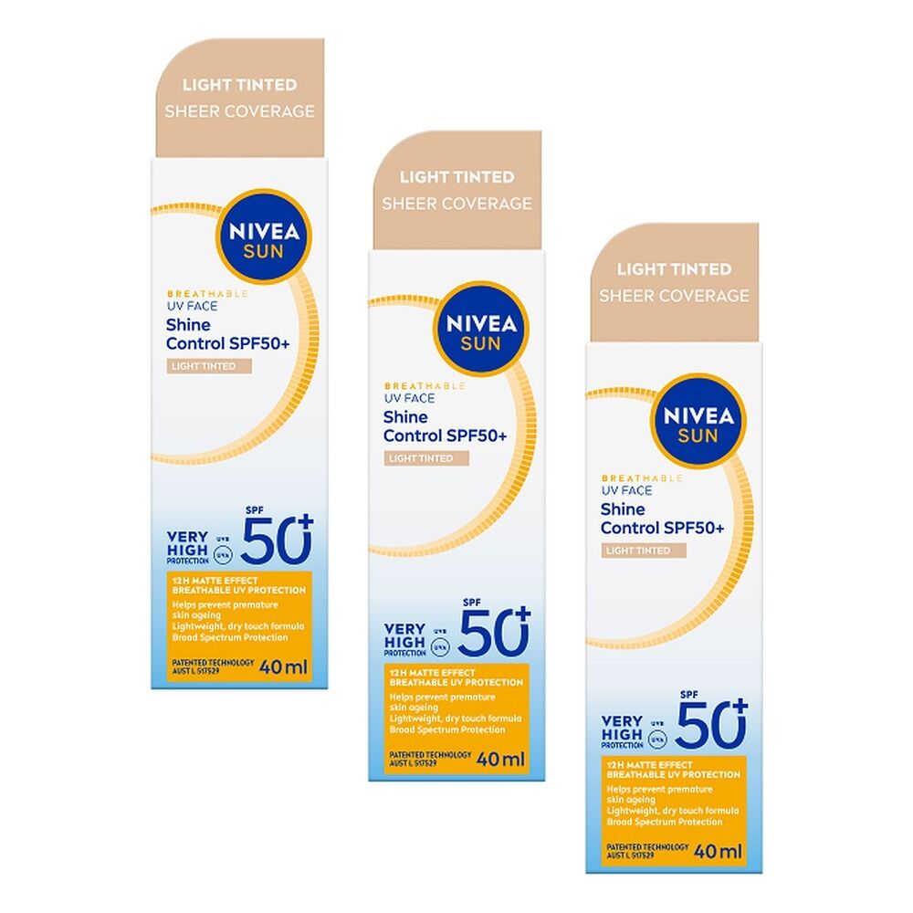 NIVEA SUN UV Face Shine Control Light Tinted Sunscreen SPF50+ 40mL Pack of 3