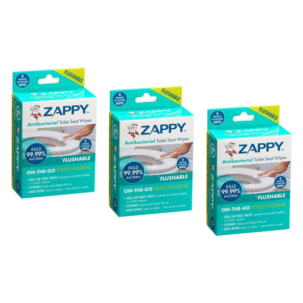 Zappy Antibacterial Toilet Seat Wipes 6 Pack x 12 Bundle of 3