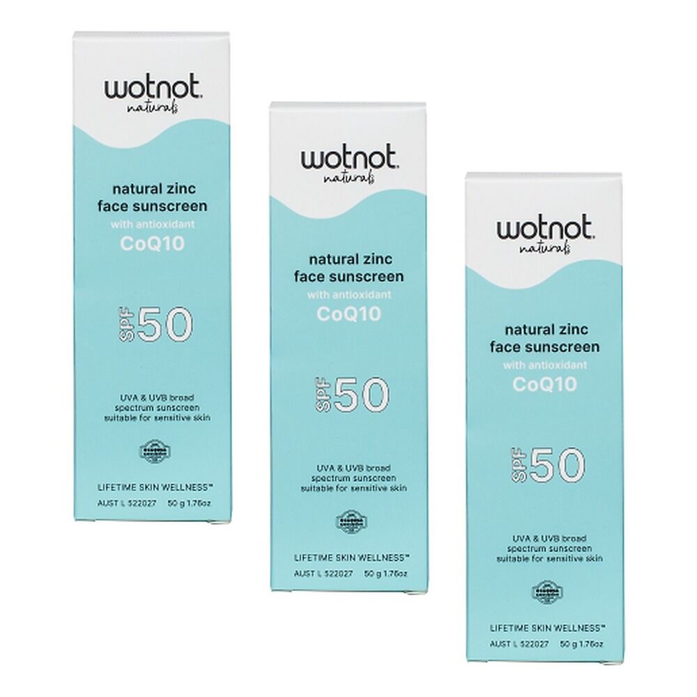 Wotnot Naturals Zinc Face Sunscreen SPF50 with CoQ10 50g Pack of 3
