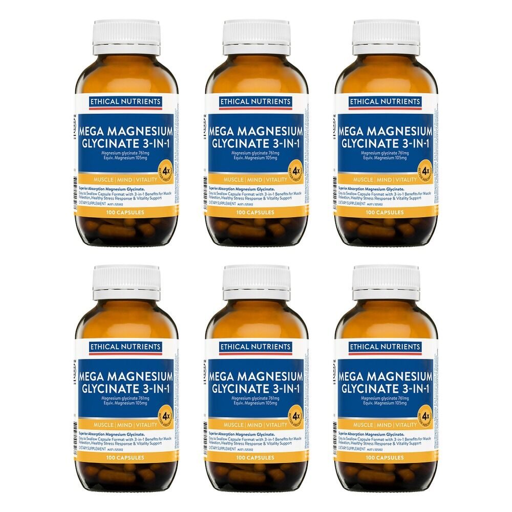 Ethical Nutrients Mega Magnesium Glycinate 3-in-1 100 Capsules Pack of 6