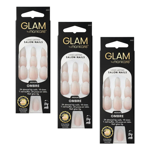 Glam by Manicare Press On Nails Medium Almond Fashion 24 Pack Bundle of 3